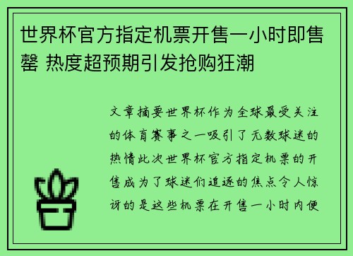 世界杯官方指定机票开售一小时即售罄 热度超预期引发抢购狂潮 世界杯官方指定机票开售一小时即售罄 热度超预期引发抢购狂潮